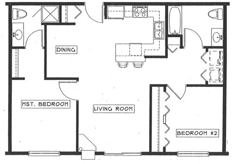 Floor plan for 2 beds, 1.8 baths, 909 sqft